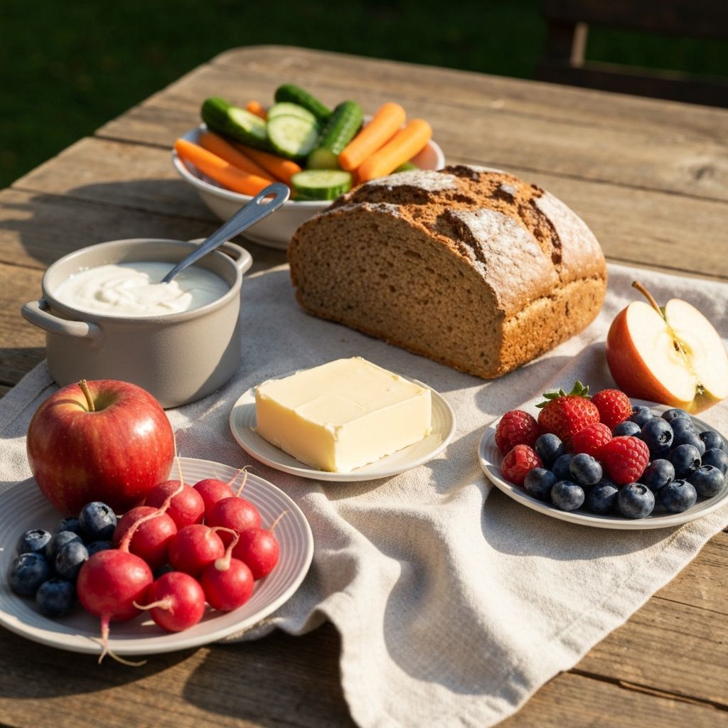 Reichgedeckter Tisch mit Brotzeit und Gemüse